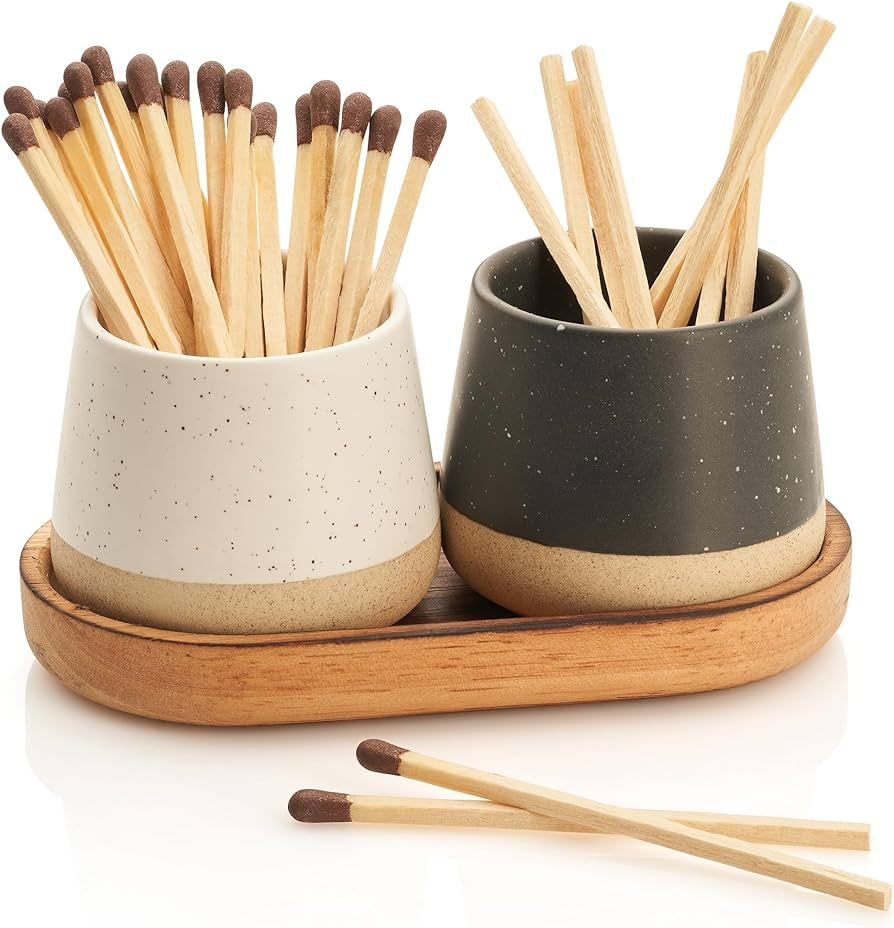 KIBAGA Decorative Ceramic Match Holder With Wooden Tray - Set of 2 Beautiful Matte Holders with S... | Amazon (US)
