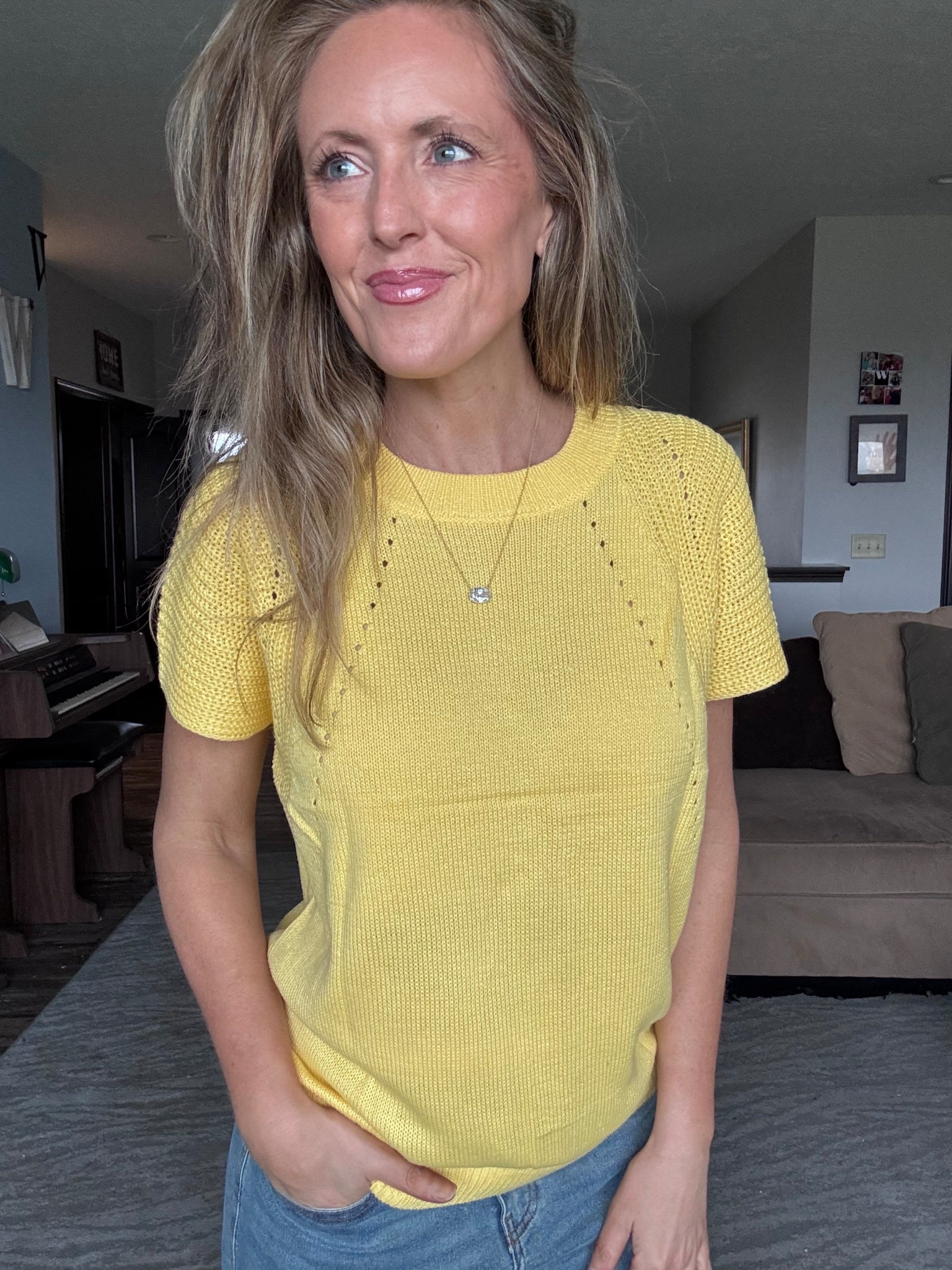 This lightweight yellow short sleeved sweater is adorable! 💛 Loving how vibrant it is! Wearing a small.

As an Amazon Influencer I earn commission on qualifying purchases.

Yellow sweater, spring fashion, mom style, wear to work, short sleeved sweater, casual outfit inspo 

#LTKOver40 #LTKootd #LTKMidsize