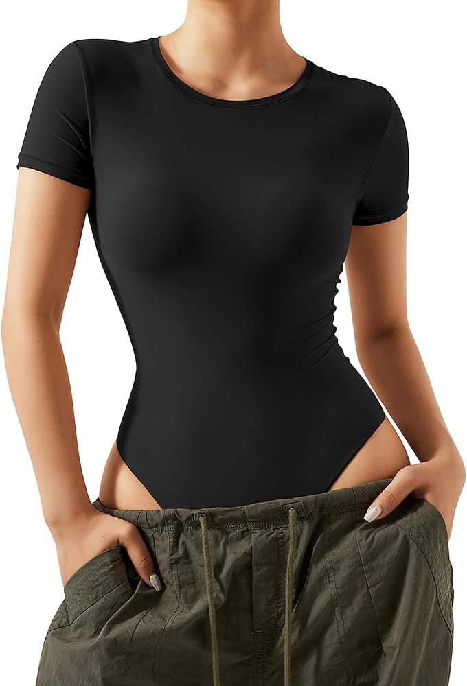 SUUKSESS Women Crew Neck Short Sleeve Thong Bodysuit Shirts Basic Top | Amazon (US)