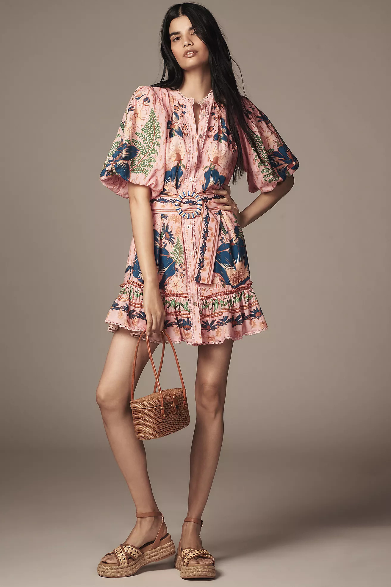 Farm Rio Dream Garden Puff-Sleeve Mini Dress | Anthropologie (US)