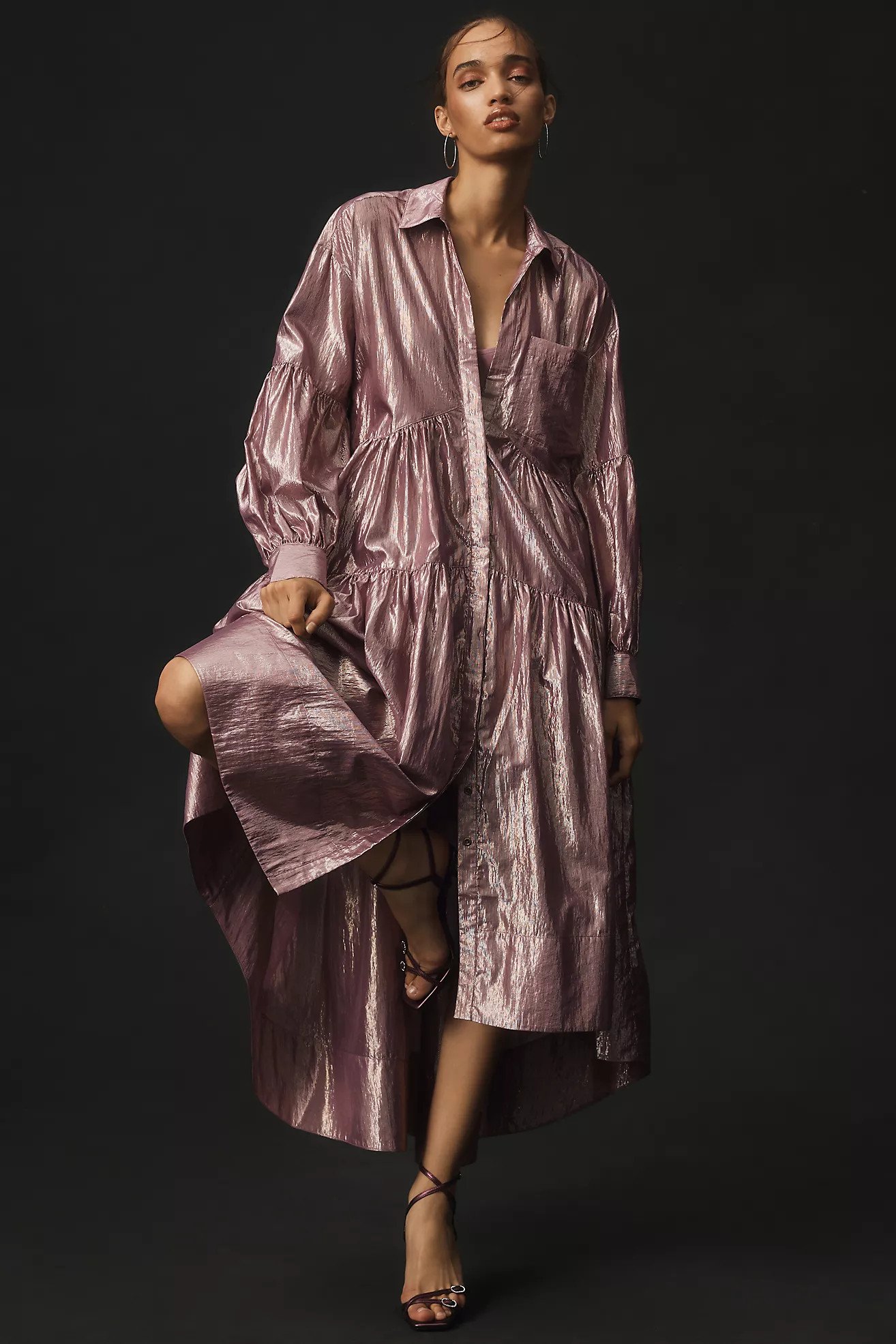 Pilcro Long-Sleeve V-Neck Metallic High-Low Dress | Anthropologie (US)