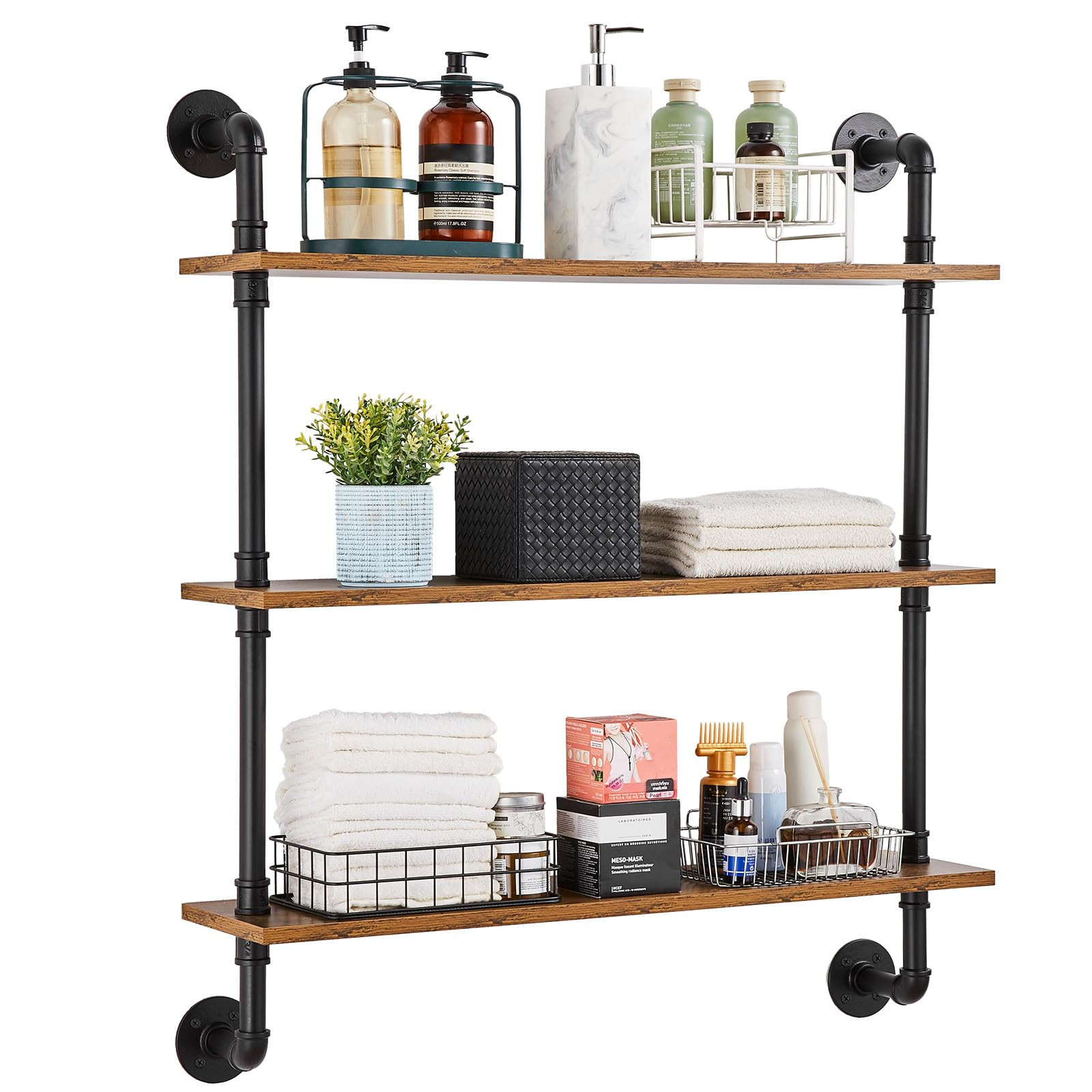 VEVOR Industrial Pipe Shelf, 3 Tier 32x7.87in, Wall-Mount Floating Rustic Wood Shelves Bracket Di... | Amazon (US)
