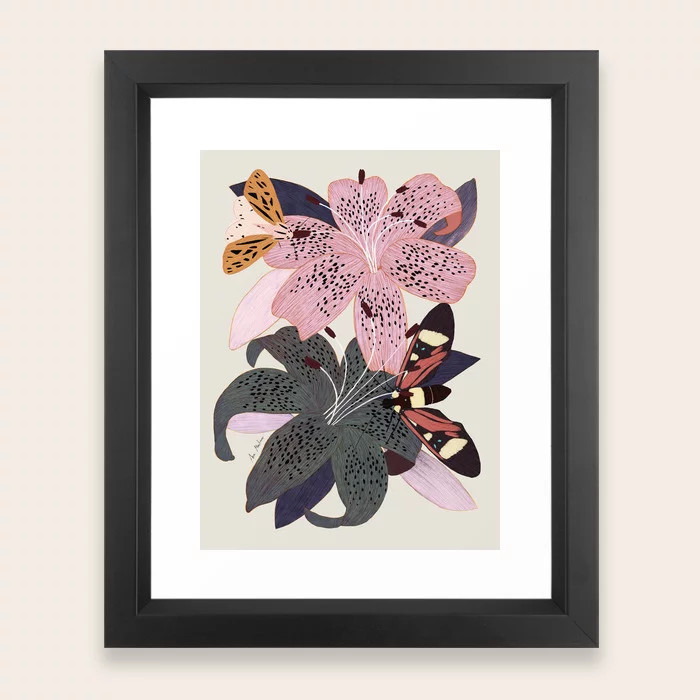 Lilies and butterflies insects Framed Art Print | Society6
