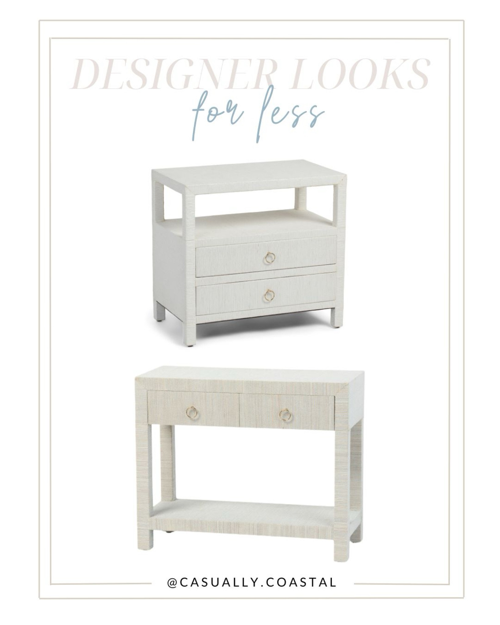 If you love a good designer look for less, you'll want to check out these raffia nightstands and console table! Both ship free with code SHIP89!
----
coastal home decor, coastal style, coastal furniture, TJ maxx nightstands, TJ maxx console table, console table with drawers, nightstand with drawers, console tables under $200, nightstands under $250, beach house furniture, affordable furniture, serena & lily look for less, raffia console table, neutral furniture, 2-drawer nightstand, primary bedroom nightstands, nightstands with shelf 

#LTKStyleTip #LTKHome