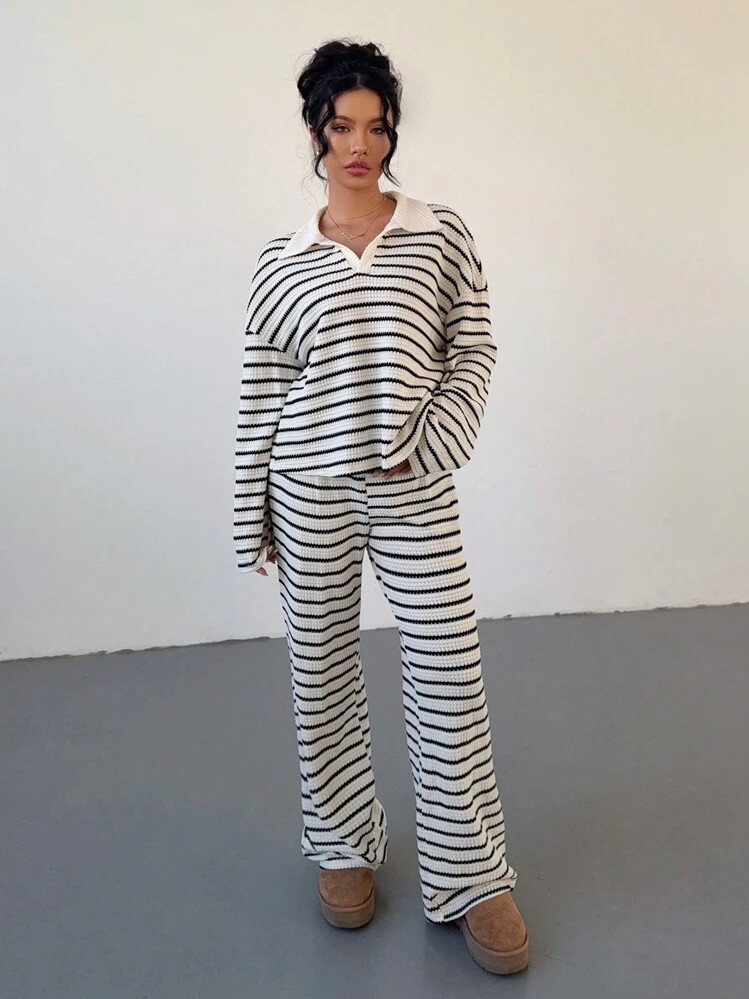 Siren Gaze Women's 2pcs Set Loose Striped V-Neck Drop Shoulder Long Sleeve T-Shirt &Elastic Waist Striped Pants, Winter Sweater Suit ,Autumn/Winter Casual Spring | SHEIN
