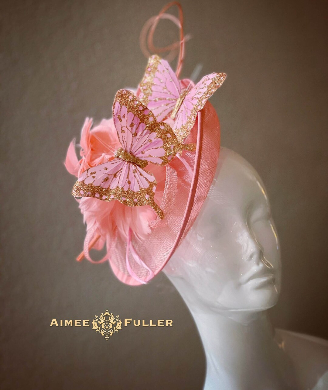 Kentucky Derby Hat Fascinator, Royal Ascot Hat, Coral Salmon Pink Butterfly Headpiece With Gold D... | Etsy (US)
