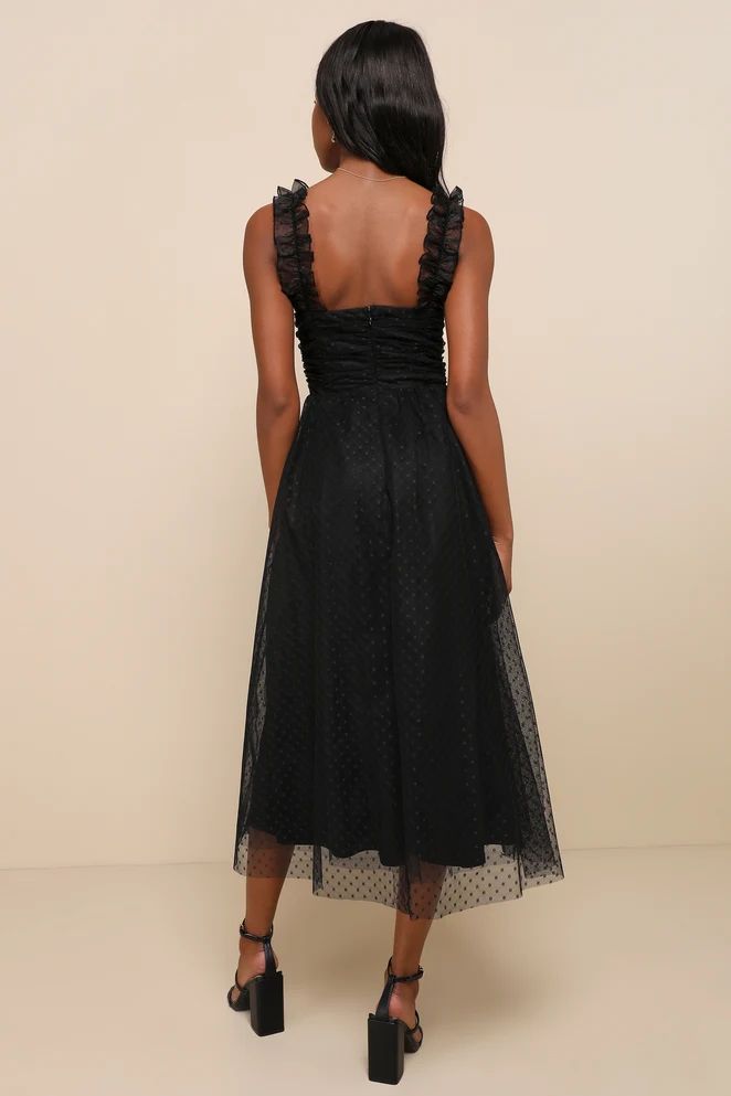 Forever Celebrated Black Swiss Dot Ruched Tulle Midi Dress | Lulus