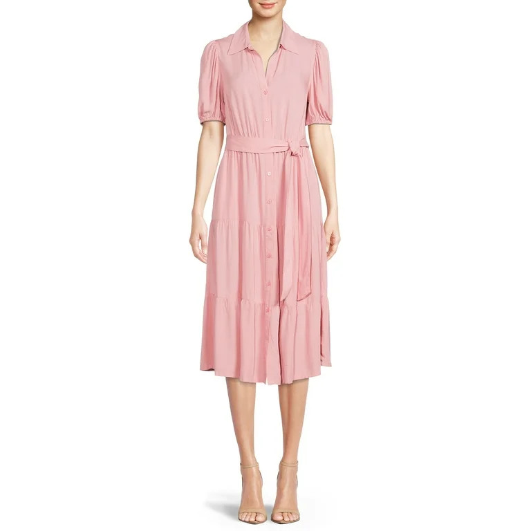 Time and Tru Women's Tiered Midi Shirt Dress | Walmart (US)