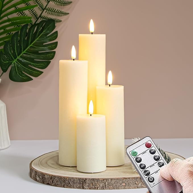 Flickering Flameless Pillar Candles with Remote Control and Cycle Timer,Ivory Pack of 4 Battery O... | Amazon (US)