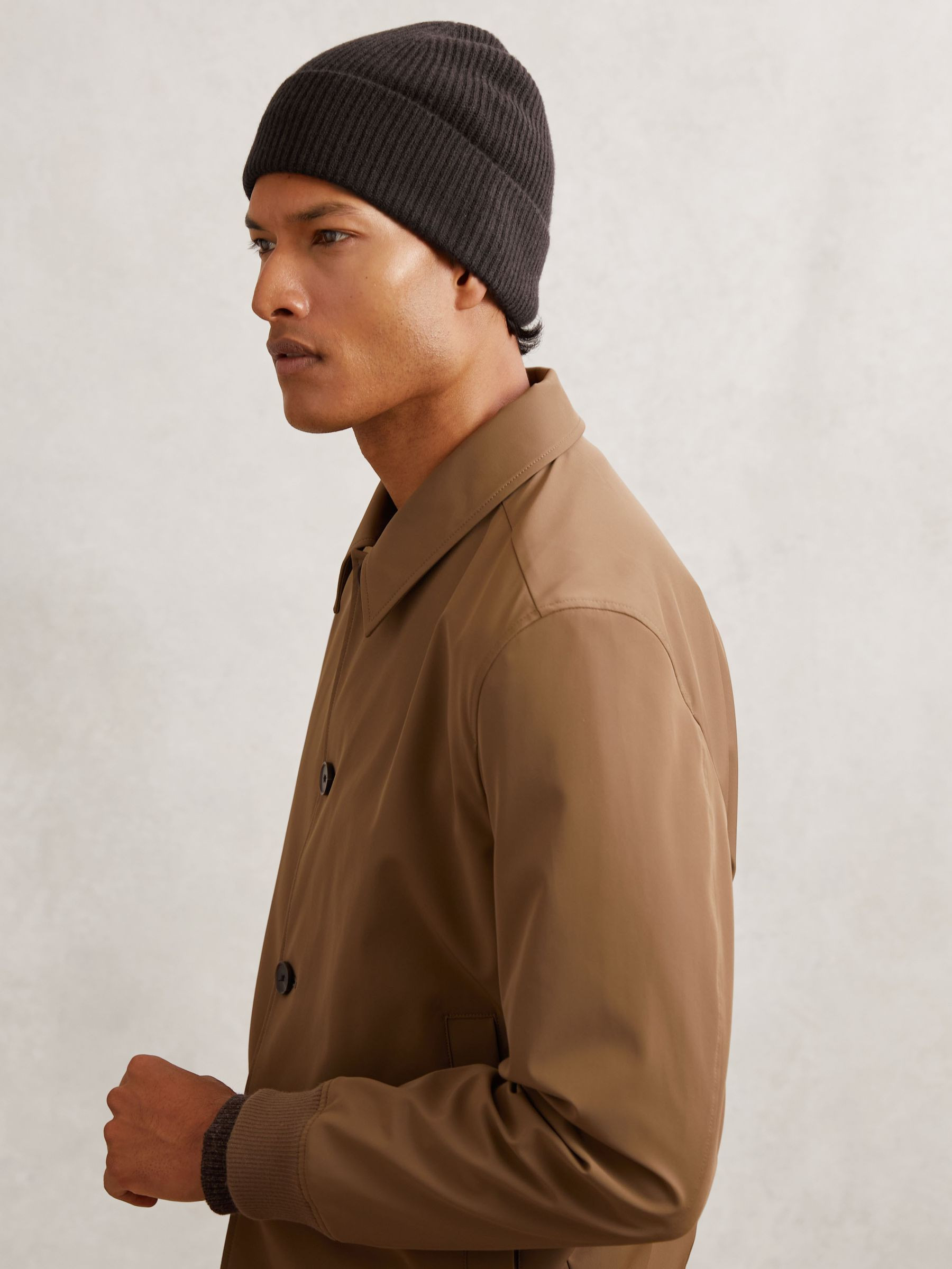 Merino Wool Rib-Knit Beanie in Chocolate Brown | Reiss UK
