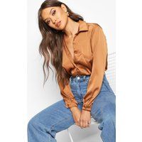 Womens Oversized Pocket Detail Satin Shirt - Brown - 10, Brown | Boohoo.com (UK & IE)