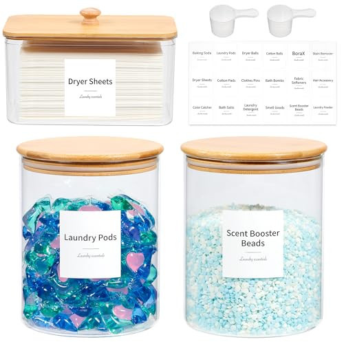 KitHero Glass Laundry Pods Container & Acrylic Dryer Sheet Holder with Bamboo Lids, Scoops & Labels | Premium Laundry Room Organization and Storage for Detergent Pods, Powder, Dryer Balls & Beads | Amazon (US)
