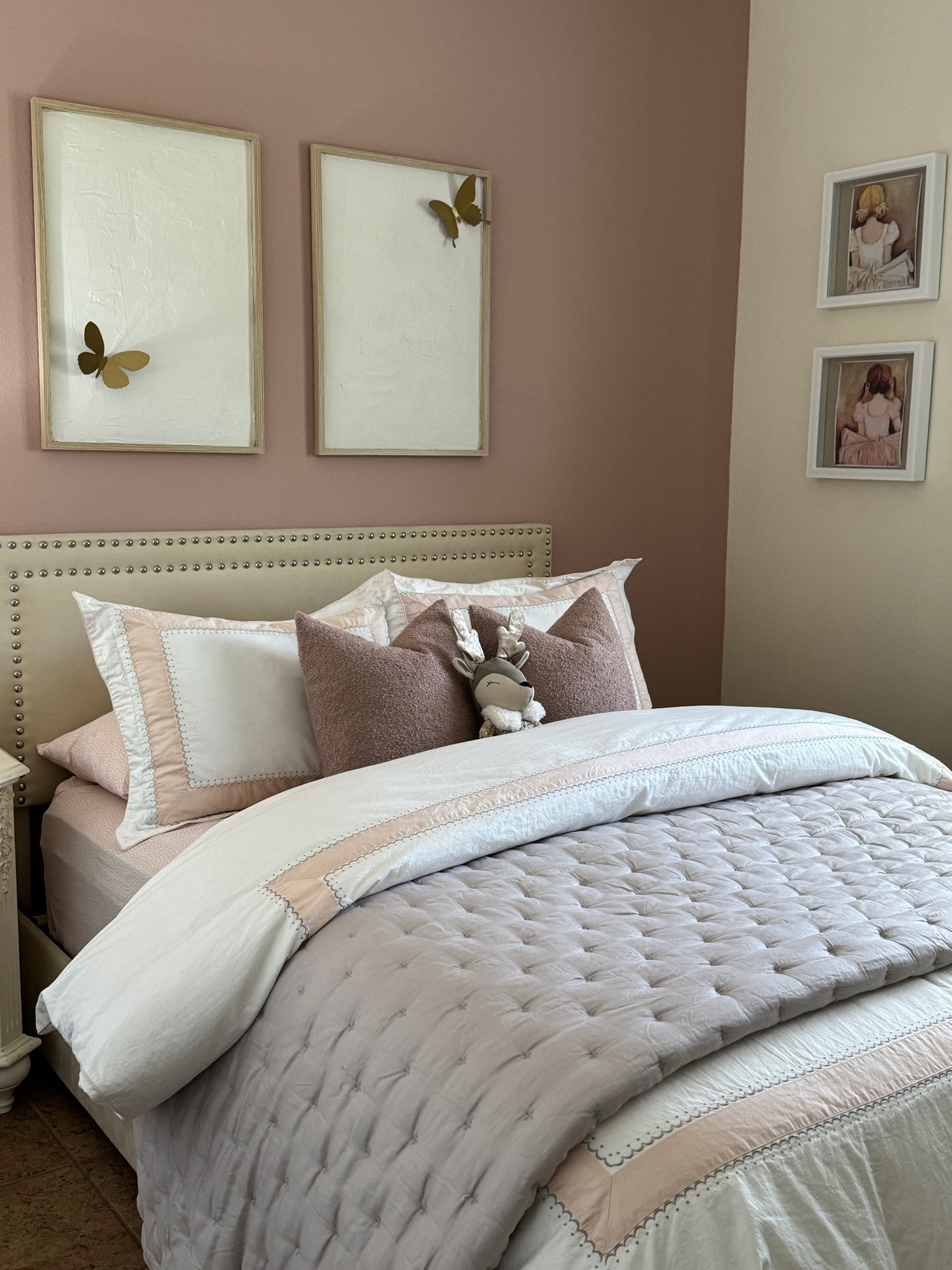 Girls bedroom. I linked what I could. Frames were a DIY (all of them), bed sheets and grey gray throw are from PBK but no longer available. 