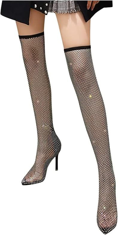 Amazon.com: Sexy Rhinestone High Knee Over Shoes Boots,Fishnet Socks Lace Hollow Out Pointed Toe ... | Amazon (US)