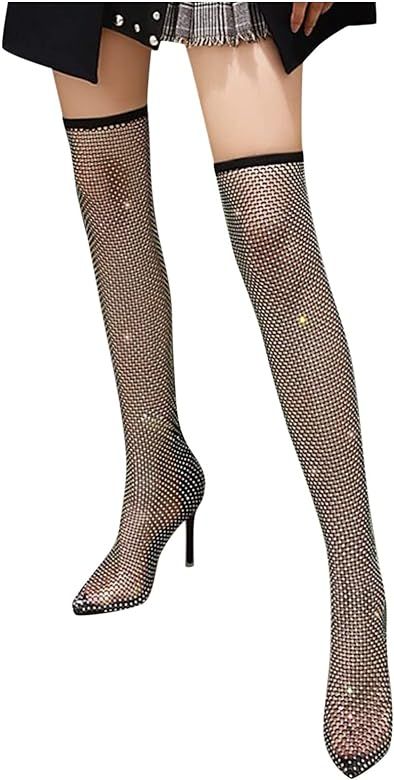 Amazon.com: Sexy Rhinestone High Knee Over Shoes Boots,Fishnet Socks Lace Hollow Out Pointed Toe ... | Amazon (US)