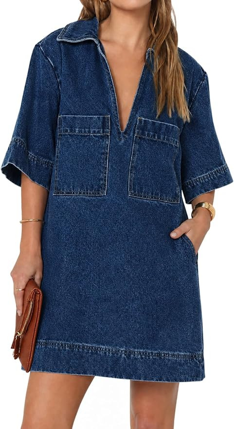 Fisoew Womens Denim Shirt Dress Summer Collared V Neck Mini Casual Jean Dresses with Pockets | Amazon (US)