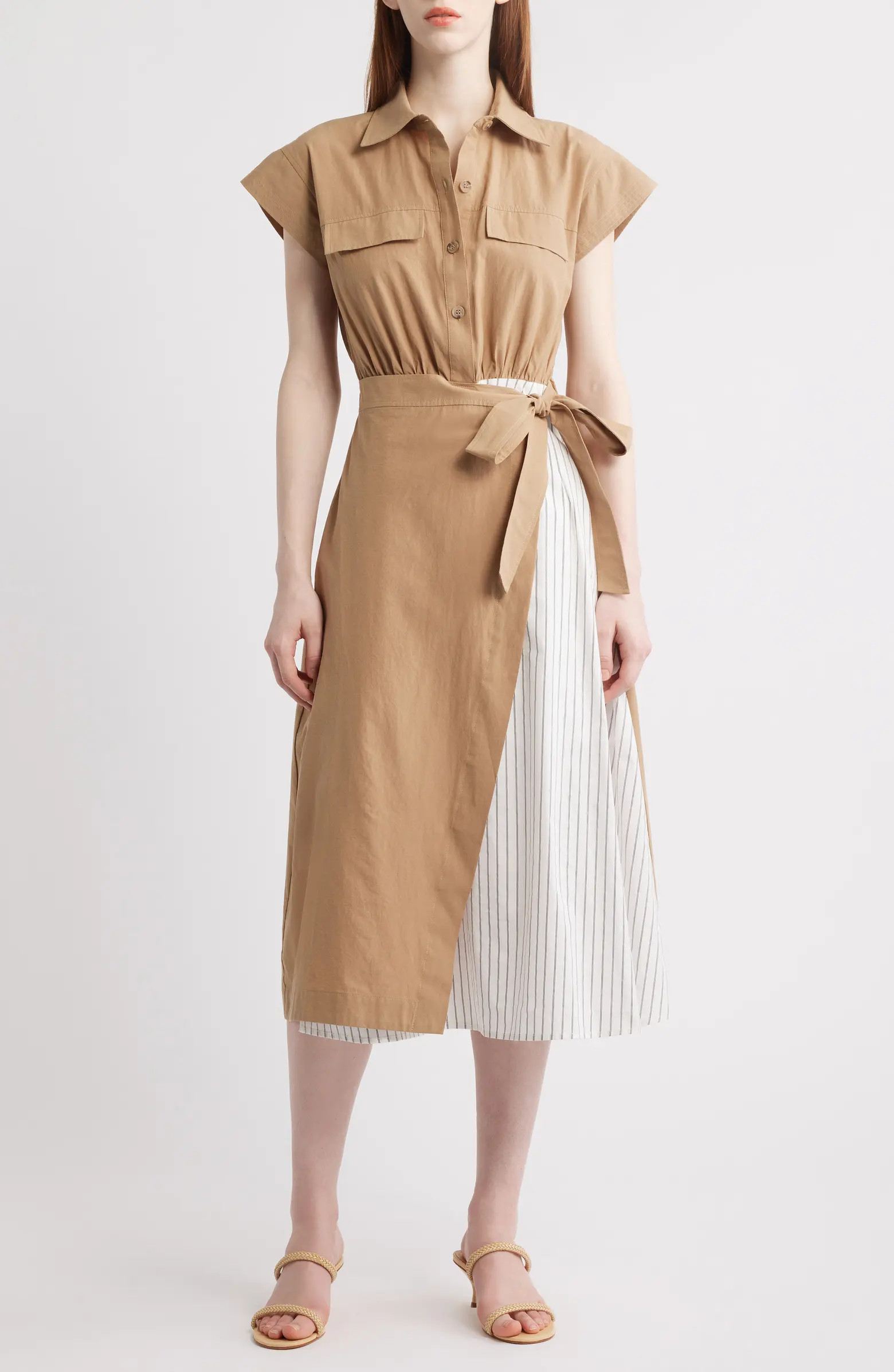 Mixed Media Tie Waist Midi Shirtdress | Nordstrom