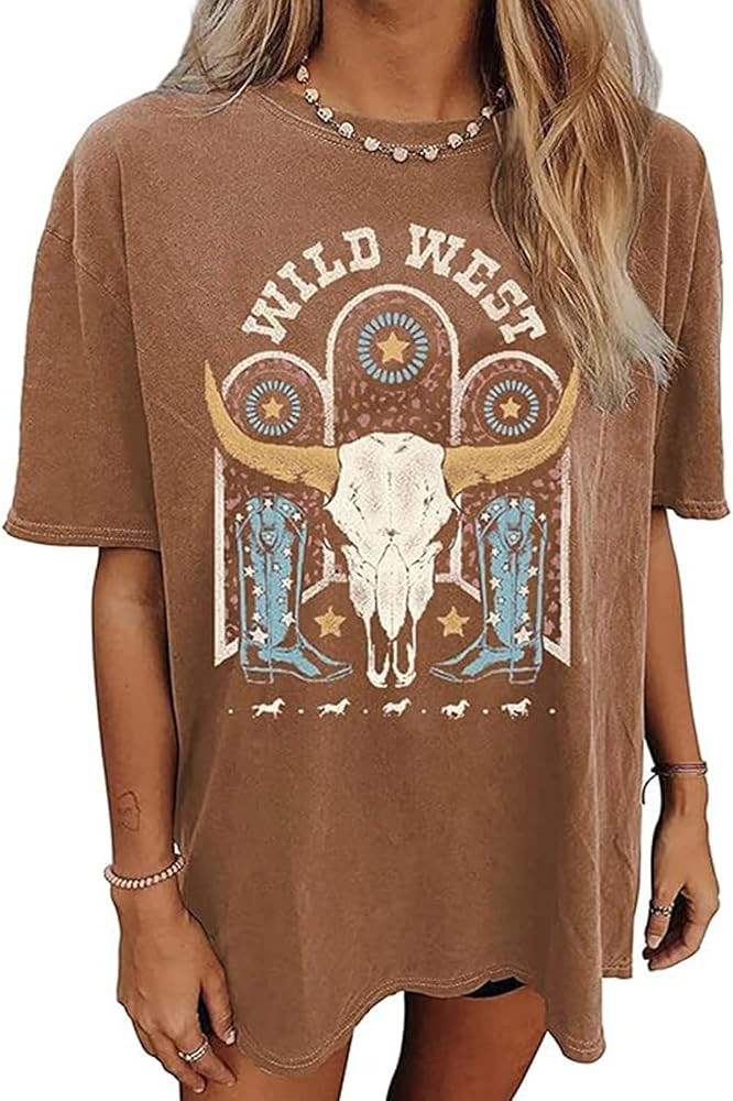 Women's Western Cowboy Cowgirl Shirts Vintage Rodeo Graphic Tops Short Sleeve Country Music Overs... | Amazon (US)