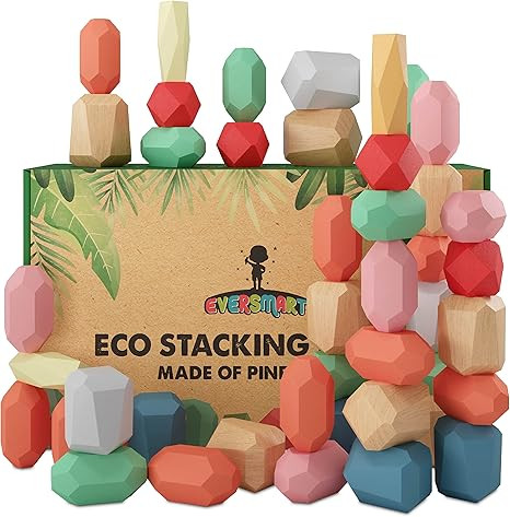 EVERSMART 48 Pcs Wooden Stacking Blocks – Montessori Toys for 1 2 3 4 5 6 Year Old Toddlers and... | Amazon (US)
