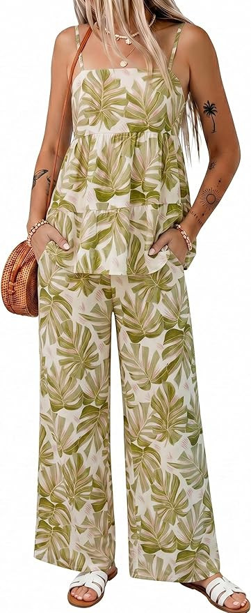 Glamaker Womens Summer 2 Piece Sets Floral Spaghetti Tank Top Wide Leg Pants Travel Beach Vacatio... | Amazon (US)