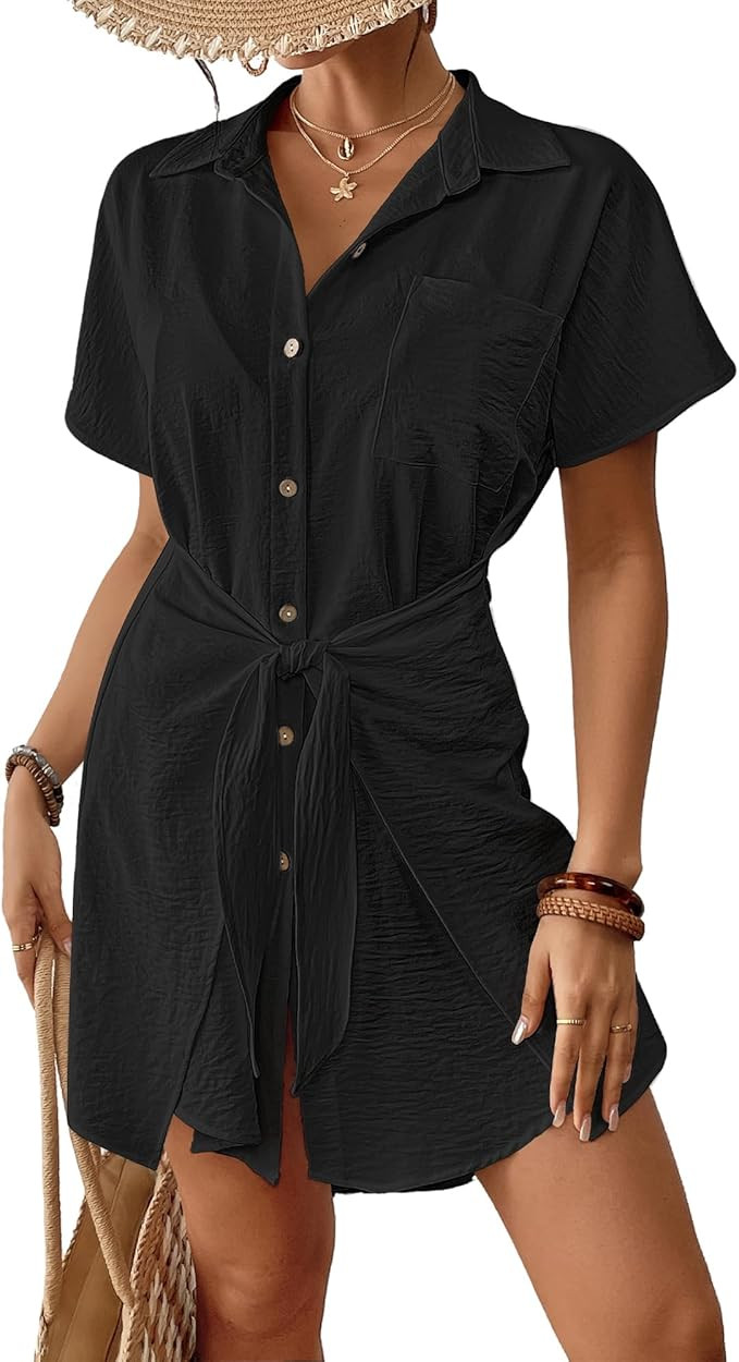 Bsubseach Womens Swimsuit Coverup Short Sleeve Button Down Tie Beach Shirt Dresses Summer Bathing... | Amazon (US)