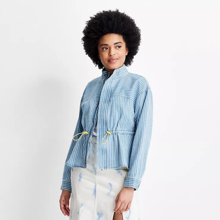 Women's Peplum Denim Jacket - Future Collective™ with Gabriella Karefa-Johnson Medium Wash Stri... | Target