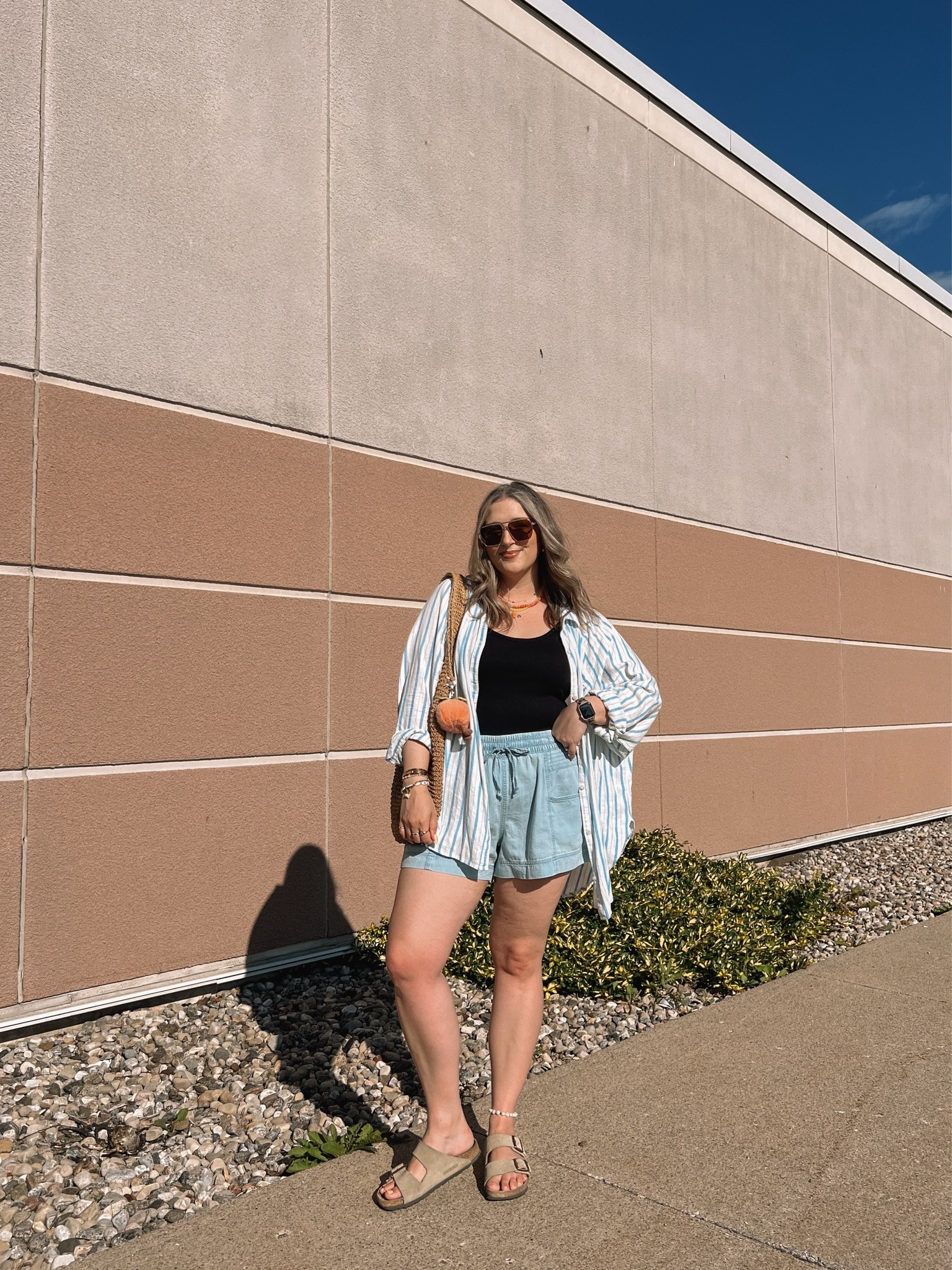 Easy summer outfit! Wearing L in the chambray shorts and basic black tank (Canadian tank link under “similar products”. My striped button down is old from aerie, linked similar. Birkenstock sandals fit TTS

#LTKsummer #LTKmidsize #LTKstyletip