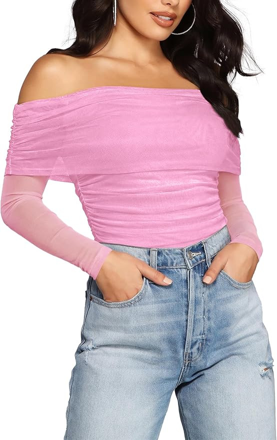 SAUNGKUAI Women's Off The Shoulder Long Sleeve Bodysuit Sexy Slimming Body Suit Tops Sheer Mesh R... | Amazon (US)