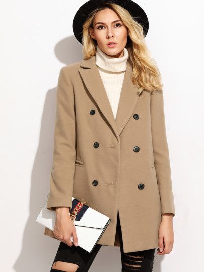 Camel Double Breasted Coat With Welt Pocket | SHEIN