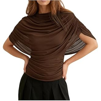OYOANGLE Women's Off The Shoulder Ruffle Ruched Poncho Cape Blouse Tops Asymmetrical Cinched Wais... | Amazon (US)