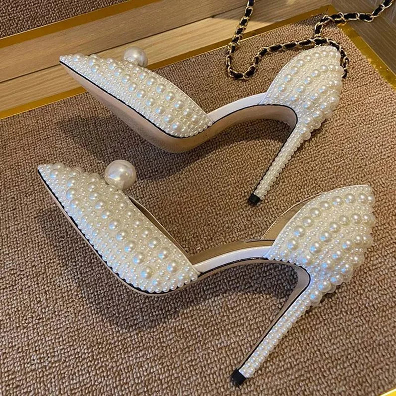 Pearl Pointed Toe Bridal Stiletto White Pearl Heel Beaded | Etsy | Etsy (US)