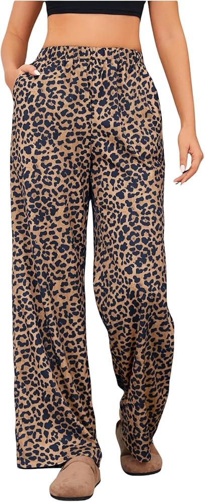 OYOANGLE Women's Leopard Print Elastic High Waist Long Pants Wide Leg Loose Trousers with Pockets | Amazon (US)
