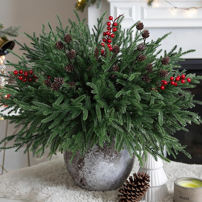 Artificial Christmas Norfolk Pine Stems Branches for Vases,17 Bundles Faux Pine Branches with Pin... | Amazon (US)