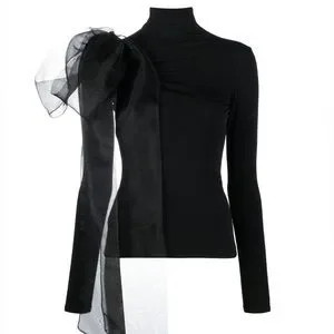 Mock neck spandex top with large organza bow | Poshmark