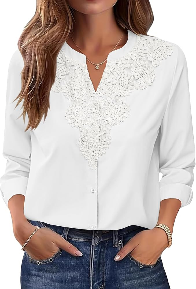 LOMON Womens Long Sleeve Shirts Lace Trim V Neck Button Down Blouse Dressy | Amazon (US)