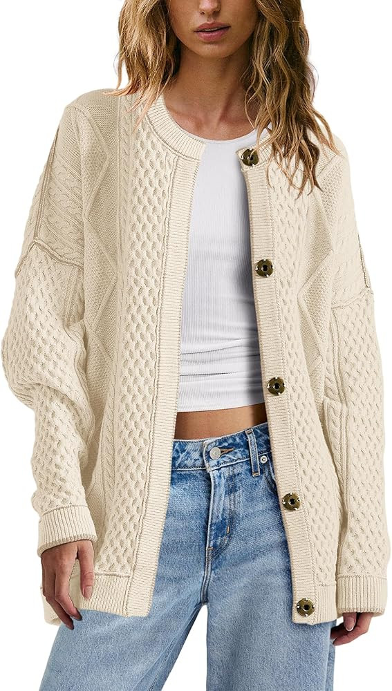 Panadila Womens Oversized Cable Knit Cardigan Sweaters Lightweight Button Down Cardigan Fall Stri... | Amazon (US)