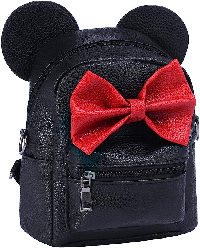 Women Kids Girls Cartoon PU Leather Mouse Ear Bow Backpack Shoulder School Mini Bag Rucksack Blac... | Amazon (US)
