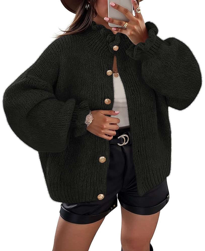 MEROKEETY Women's Ruffle Cardigan Sweaters 2025 Trendy Fashion Button Down Chunky Long Sleeve Cas... | Amazon (US)
