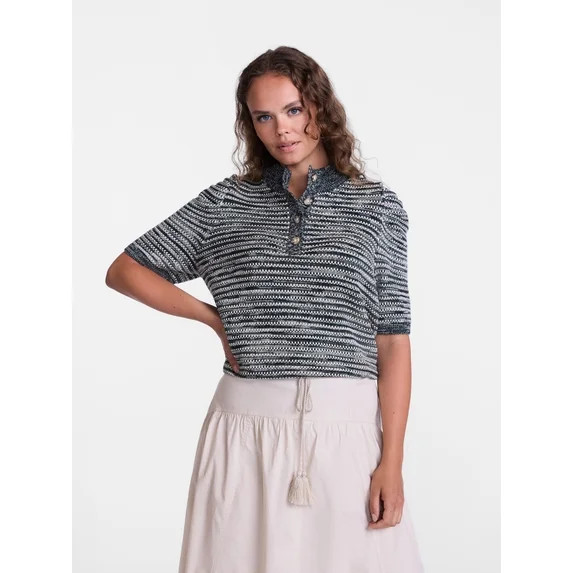 Scenario Women's and Women's Plus Henley Sweater with Puff Sleeves, Lightweight, Sizes XS-4X | Walmart (US)
