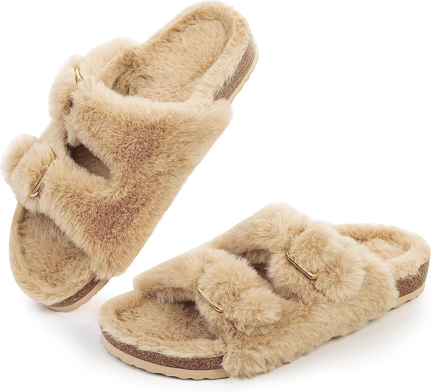 FITORY Womens Open Toe Slipper with Cozy Lining,Faux Rabbit Fur Cork Slide Sandals Size 6-11 | Amazon (US)