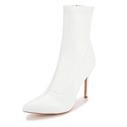 CAMSSOO Ankle Boots for Women White Pointed Toe Stiletto Ankle Booties Dress Fashion Side Zipper Sock Boots Short Boots High Heel Ankle Boots Size 8.5 | Amazon (US)