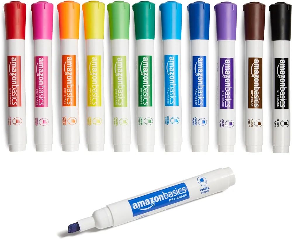 Amazon Basics Low-Odor Chisel Tip Dry Erase Whiteboard Marker, Pack of 12, Assorted Colors | Amazon (US)