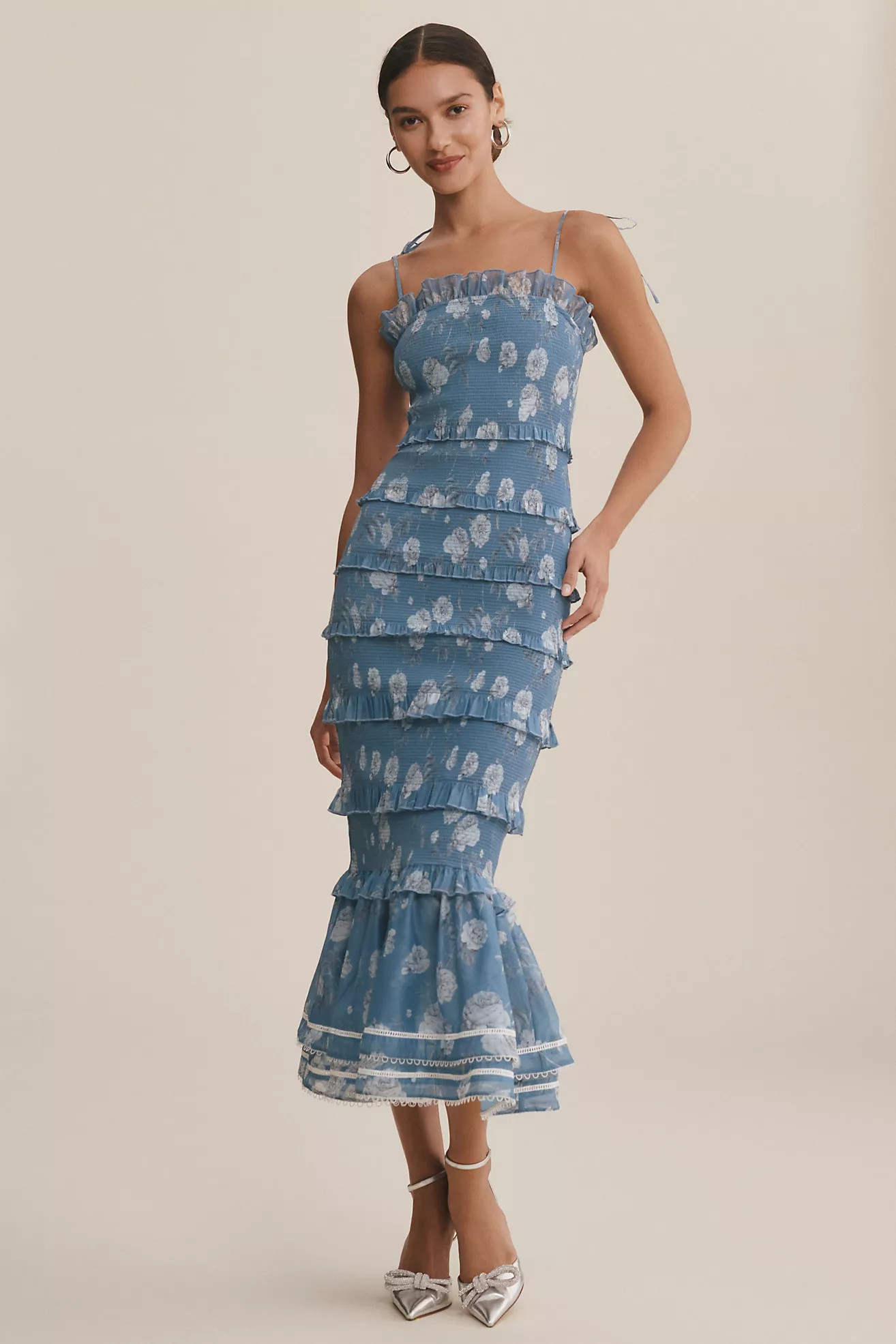 V. Chapman Geranium Ruched & Ruffled Flounce-Hem Stretch Midi Dress | Anthropologie (US)