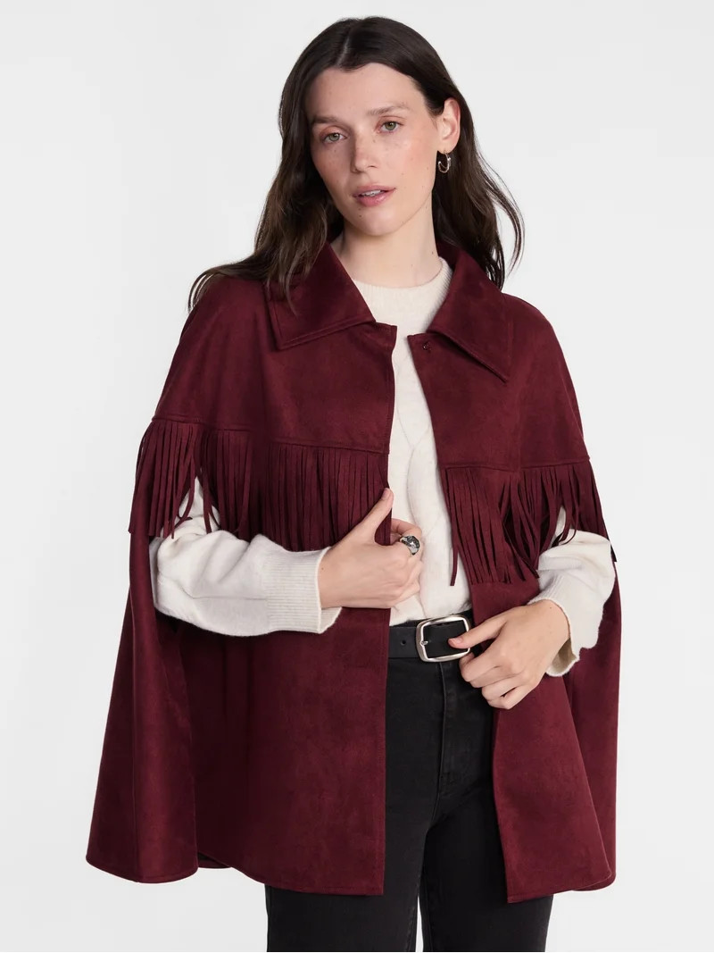 Scenario Women's Faux Suede Fringe Cape | Walmart (US)
