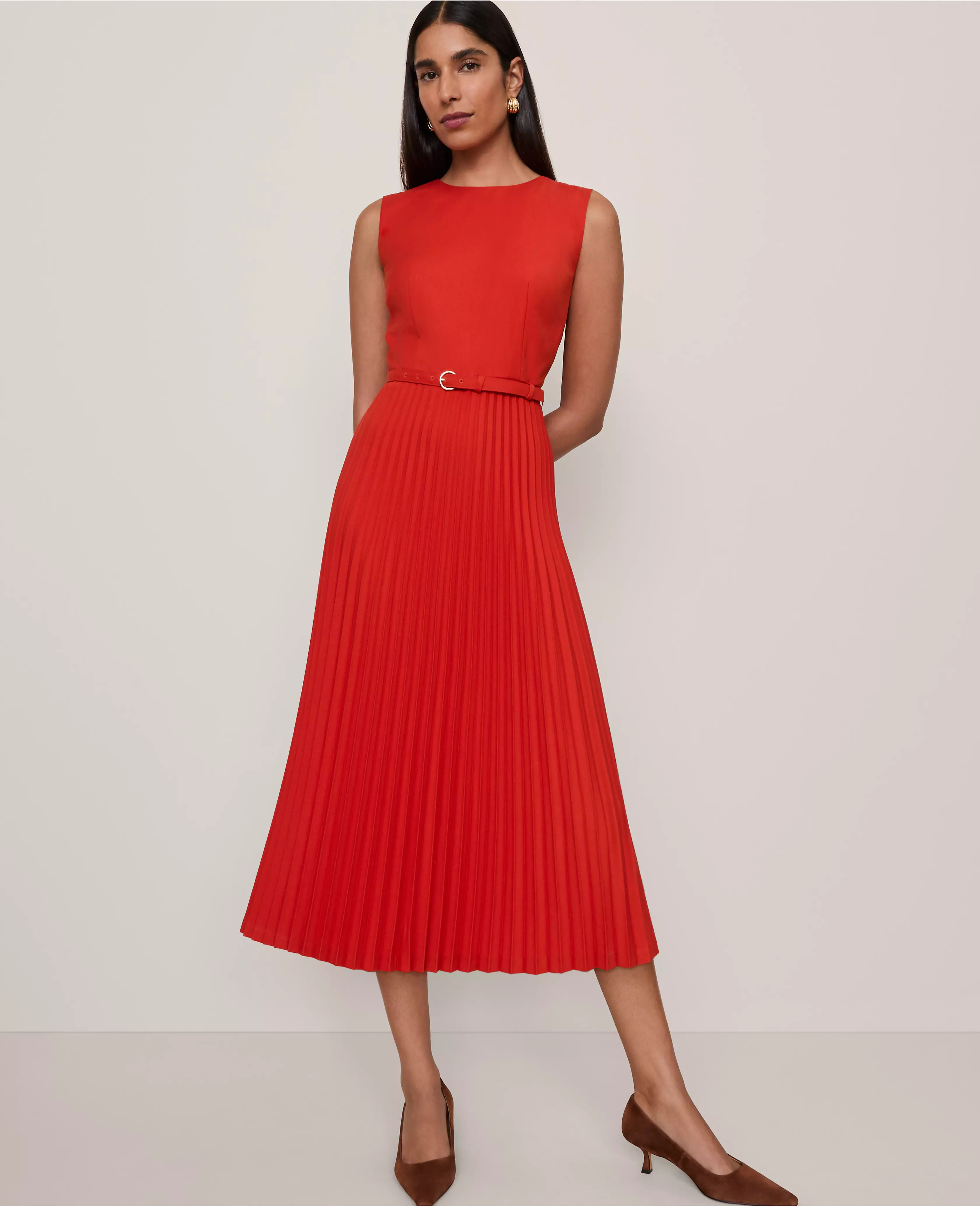 Belted Pleated Midi Dress | Ann Taylor