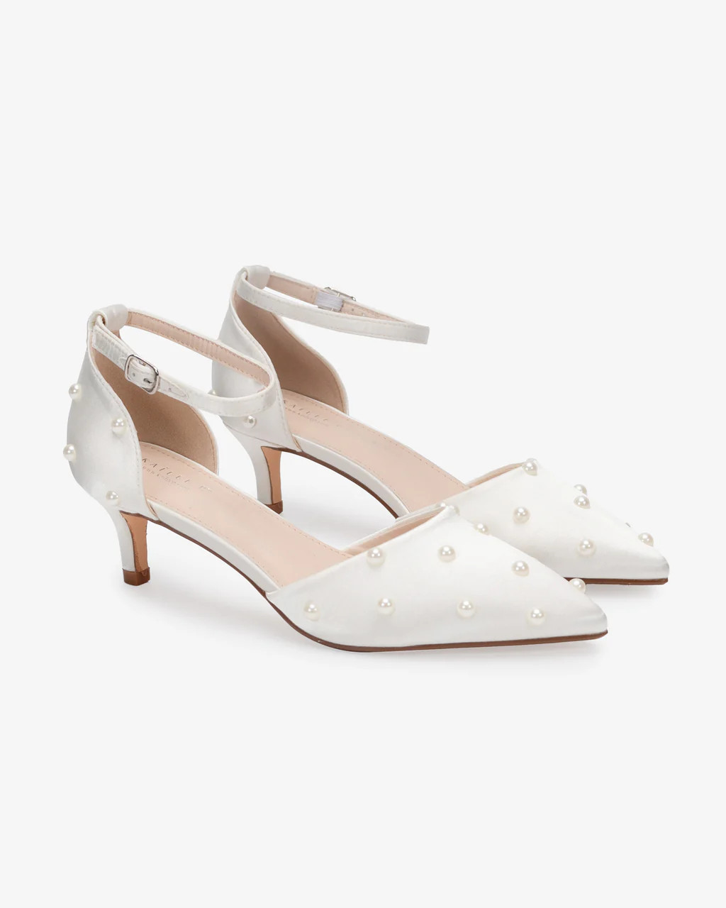 Satin Pointy Toe Kitten Low Heel with Scattered Pearls | Kailee P.