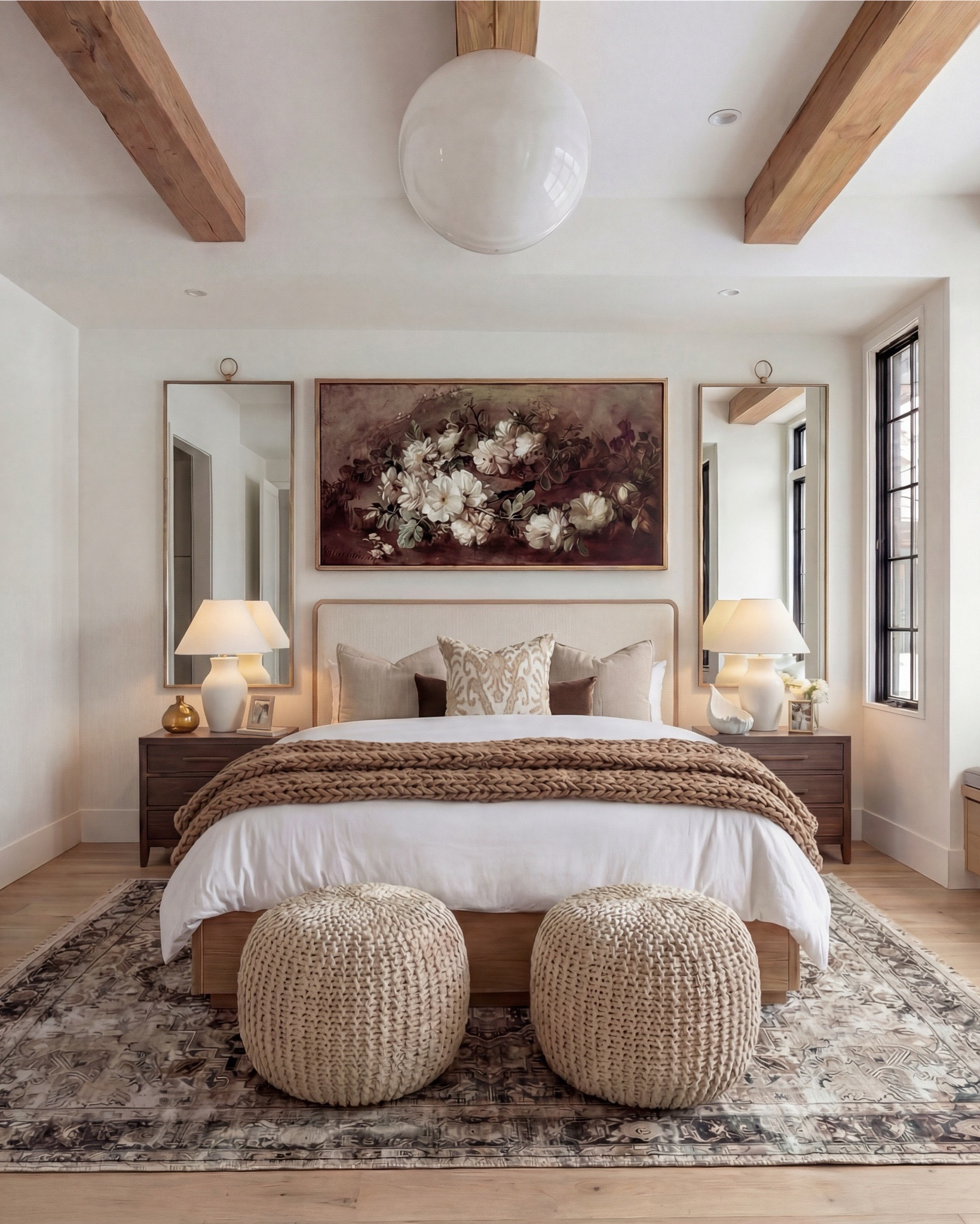 Shop the Look: Bedroom Refresh
• Upholstered bed frame (light neutral fabric)
• White cotton duvet cover + pillow shams
• Neutral patterned area rug
• Chunky knit throw blanket (warm beige)
• Woven knit poufs (foot-of-bed seating)
• Dark wood nightstands with brass pulls
• Sculptural white ceramic table lamps
• White tapered lamp shades
• Brass-framed rectangular mirrors
• Framed floral artwork (warm, moody tones)
• Neutral linen accent pillows
• Ceramic decorative bowl (white sculptural style)
• Small glass vase with white florals

#LTKhome #LTKsale #LTKstyletip