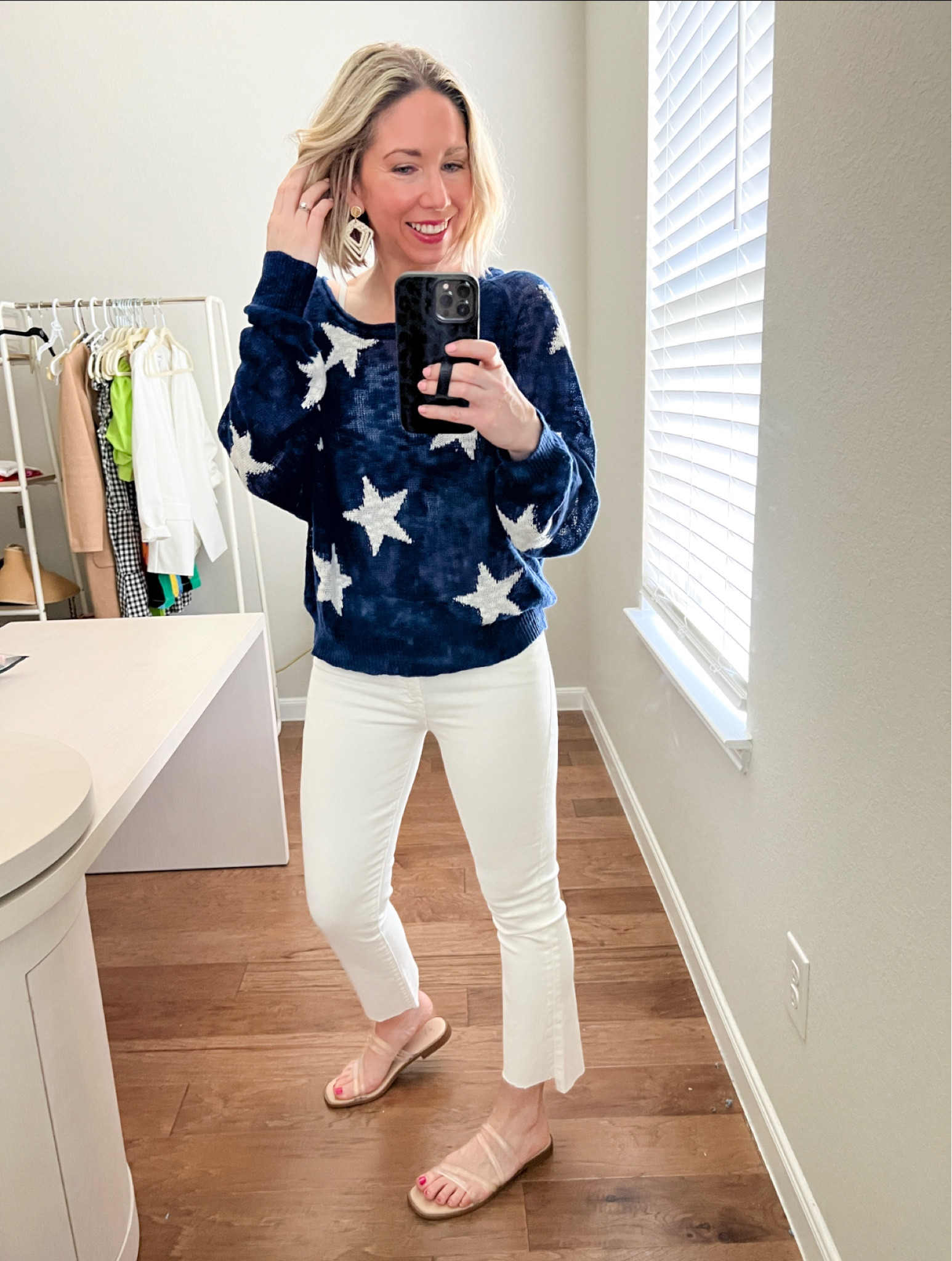 Summer outfit 
Fourth of July outfit 

Star sweater - sized up 1 size to medium for oversized fit - recommend wearing a tank or workout sports bra under sweater cause it’s see through but perfect weight for summer 

Jeans true to size 

Sandals run large - sized down 1/2 size 

Lightweight earrings 





Summer outfit / Fourth of July outfit / amazon fashion / amazon finds / mother denim / lightweight jewelry / target finds #ltkshoecrush 

#LTKsalealert #LTKSeasonal #LTKunder50