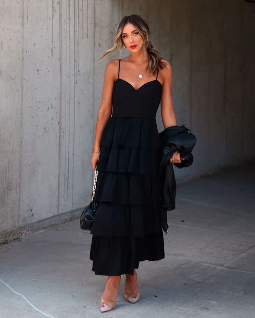 Dhalia Satin Tiered Midi Dress - Black | VICI Collection