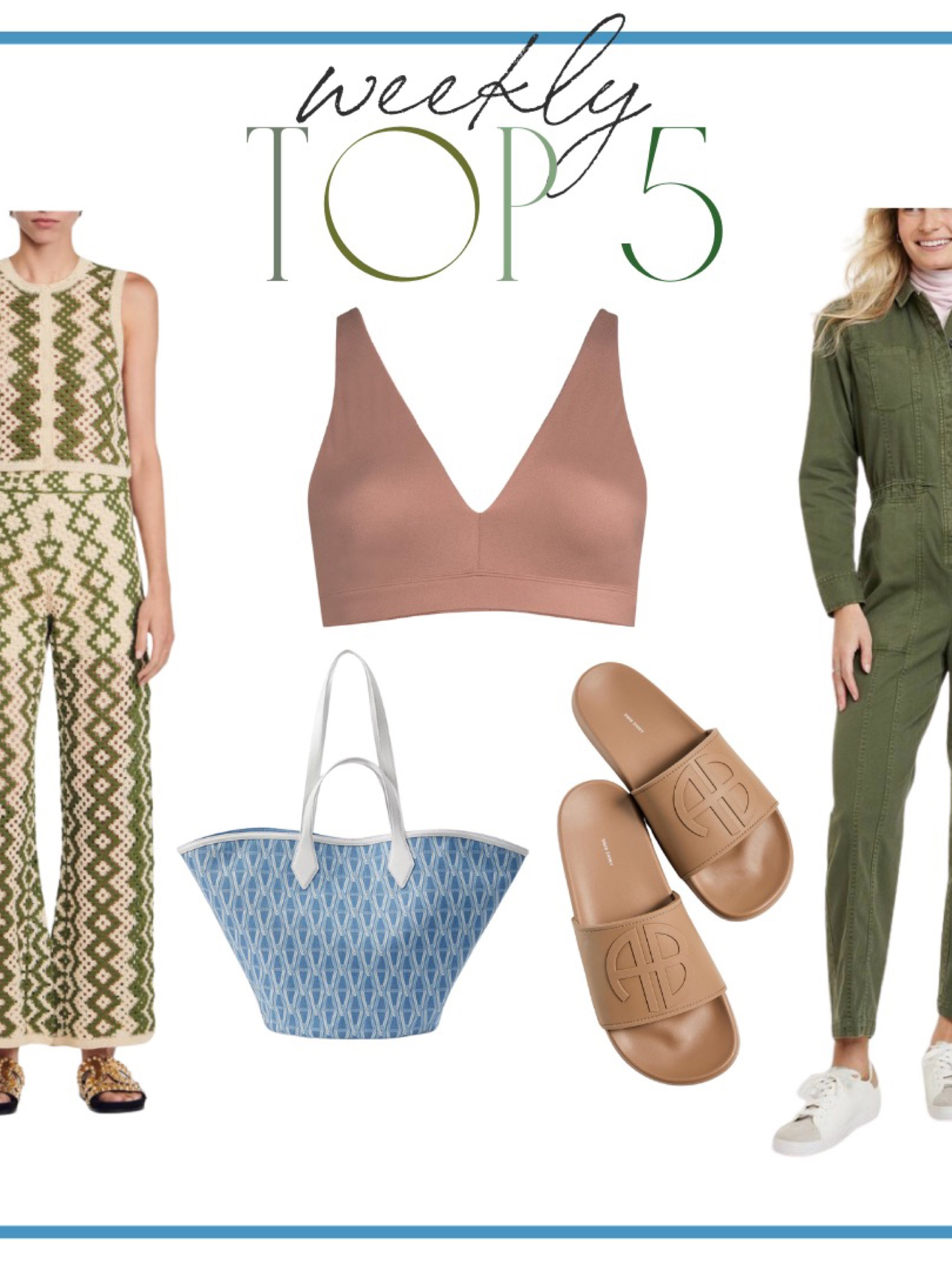 \\ top 5 // 

1. Anine Bing slides 
2. Joyspun bra 
3. Veronica Beard Denim Crest Leather Tote 
4. Henrika Crochet set 
5. Walmart coveralls 

#LTKstyletip #LTKitbag #LTKSeasonal